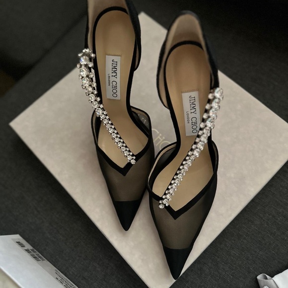 Jimmy Choo Shoes - Jimmy Choo Black Mesh Pointed Toe Slingback Heels with Crystal Straps